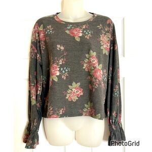 Floral Long Sleeve Cropped Sweatshirt in Gray and Pink with Ruffle Sleeves